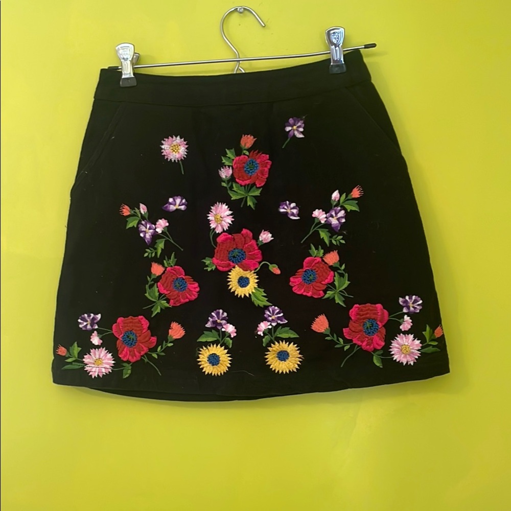 Floral Embroidered Black Skirt